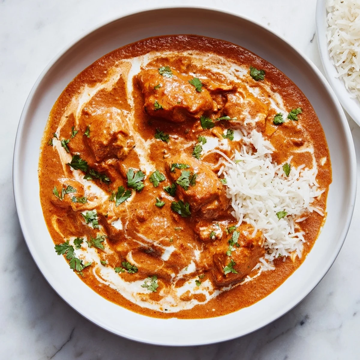 Chicken Tikka Masala: A vibrant photo shows tender, saucy chicken beside fluffy basmati rice.