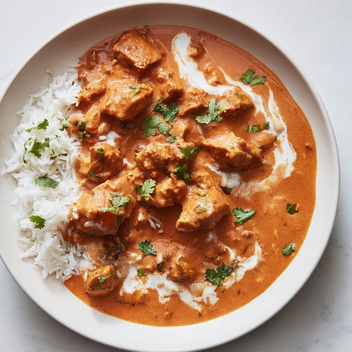 Delicious Chicken Tikka Masala, a creamy tomato-based dish, served hot with fragrant basmati.