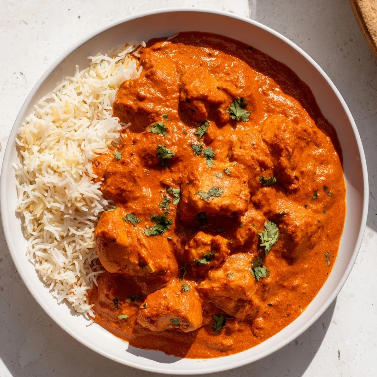 Garnished Chicken Tikka Masala, its rich sauce highlighting tender chicken alongside rice.