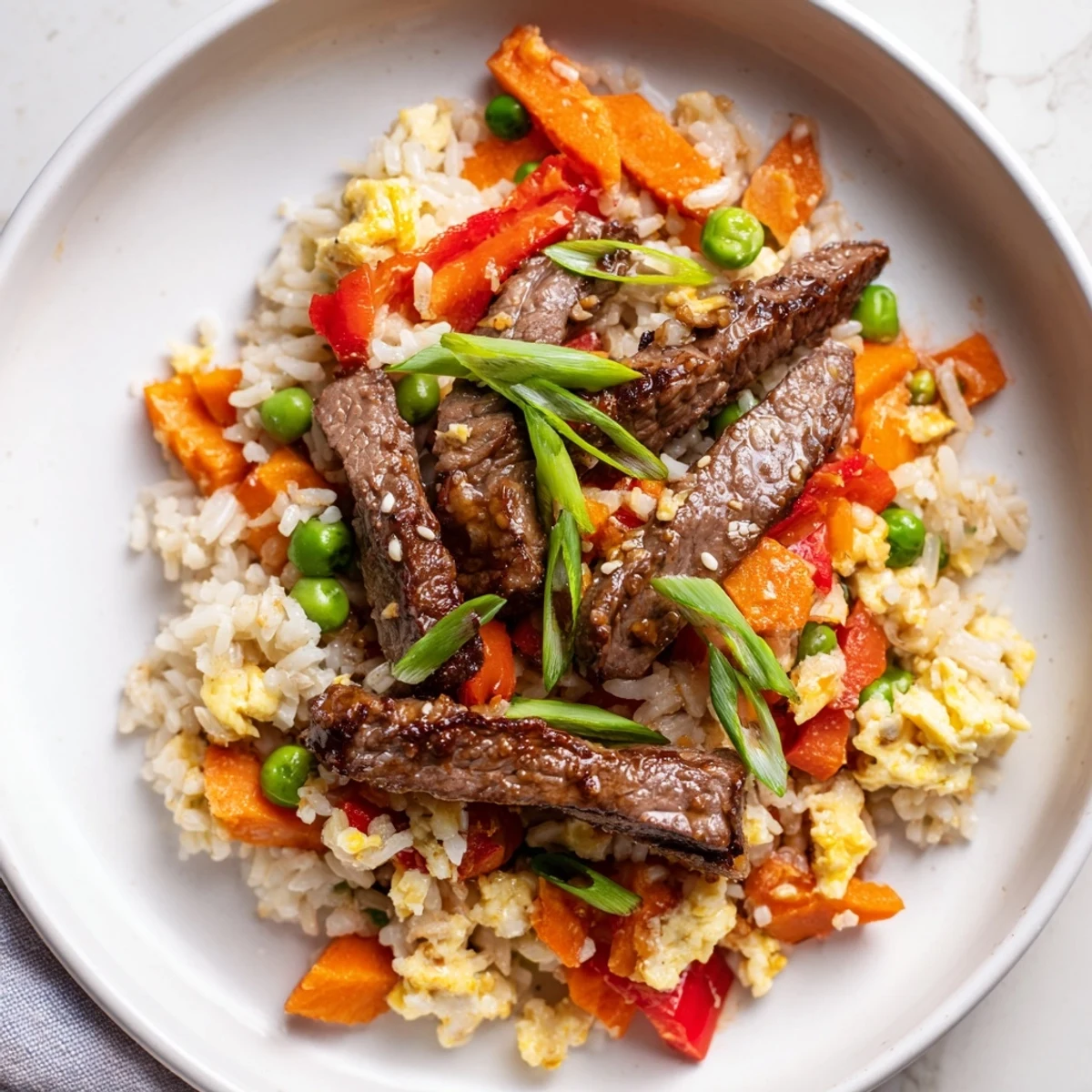 Steaming Beef Fried Rice with colorful vegetables, a quick and delicious weeknight dinner.