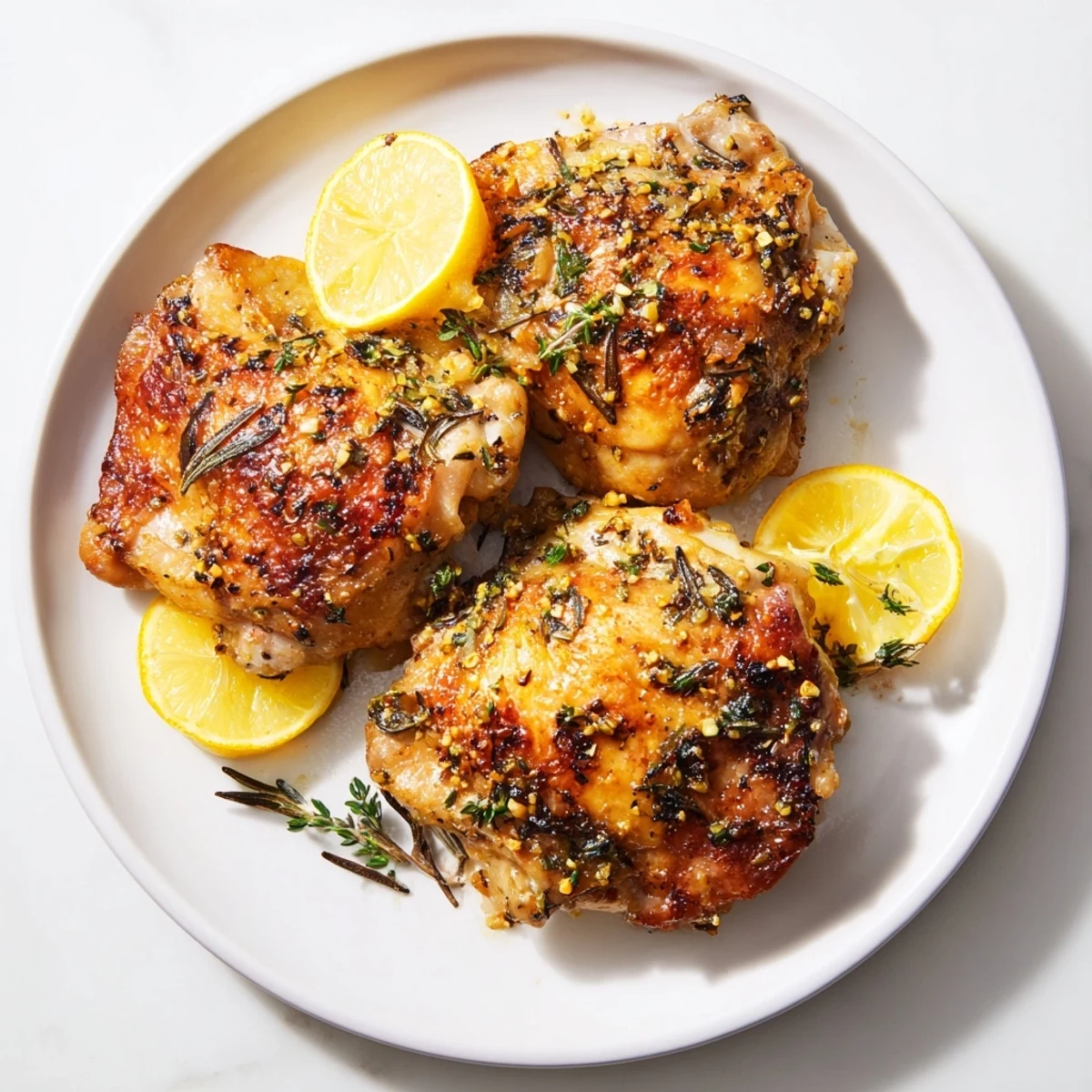 Golden, crispy Lemon Garlic Roasted Chicken Thighs, showcasing juicy meat and glistening skin after roasting.