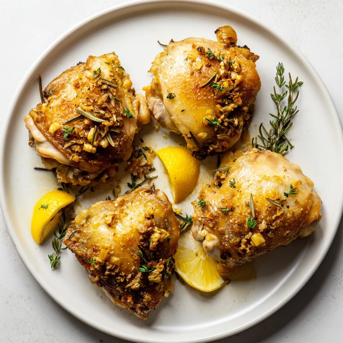 A close-up view of Lemon Garlic Roasted Chicken Thighs, perfectly roasted, garnished with parsley and lemon.