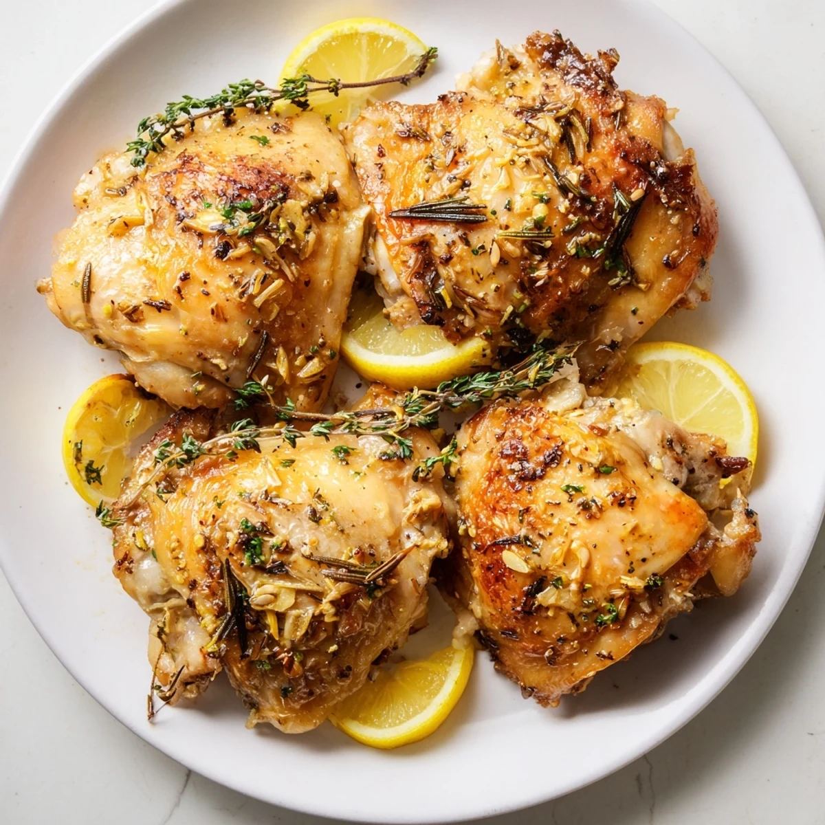 Sizzling Lemon Garlic Roasted Chicken Thighs ready, conveying the delicious smell and taste sensations.
