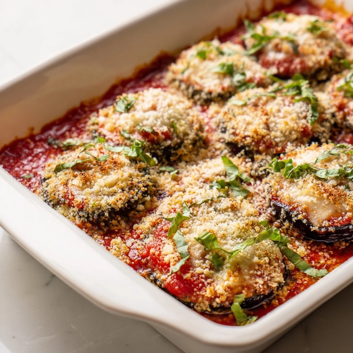 Golden-brown Baked Eggplant Parmesan with melted mozzarella, ready for a comforting Italian dinner.