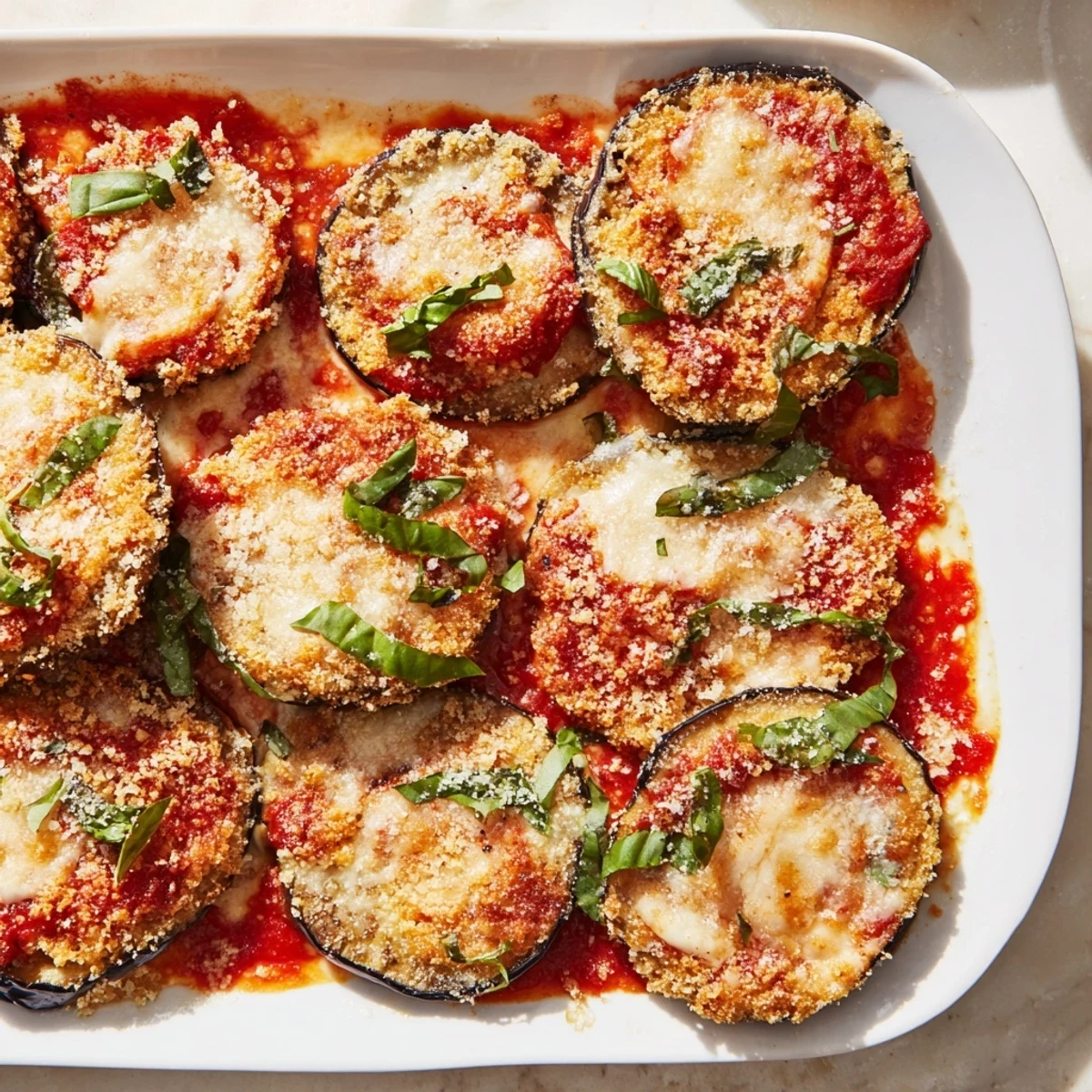 Layered Baked Eggplant Parmesan, with a vibrant red marinara sauce, perfect for a cozy, satisfying meal.