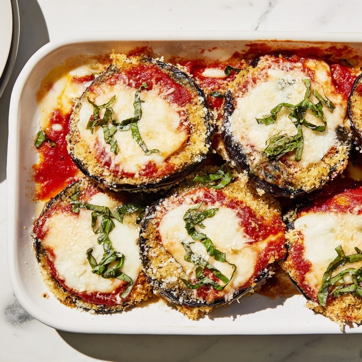 This photo features a bubbling Baked Eggplant Parmesan, showcasing a hearty, cheesy, vegetarian dish.
