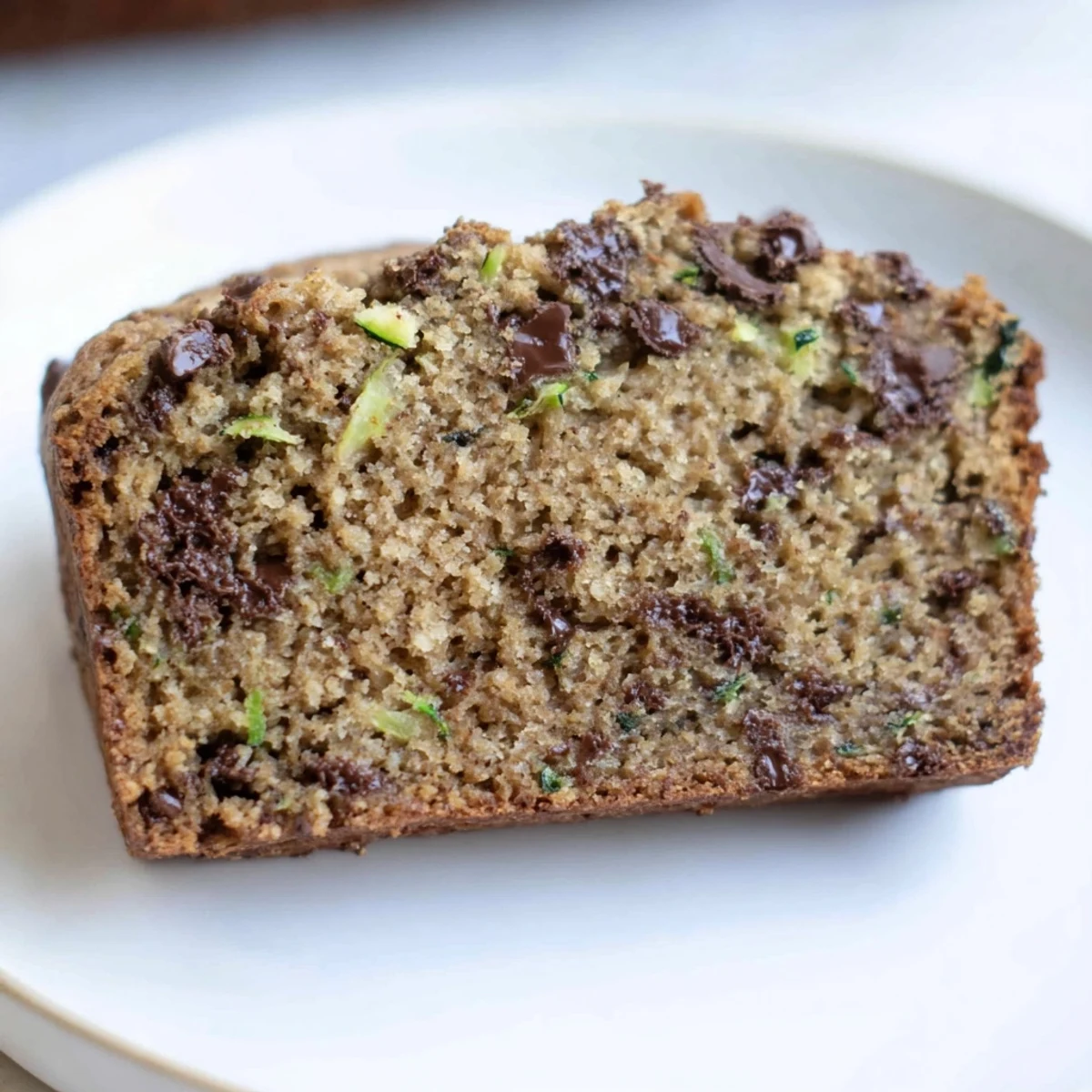 A freshly baked slice of Chocolate Chip Zucchini Bread, warm and inviting, ready to enjoy.