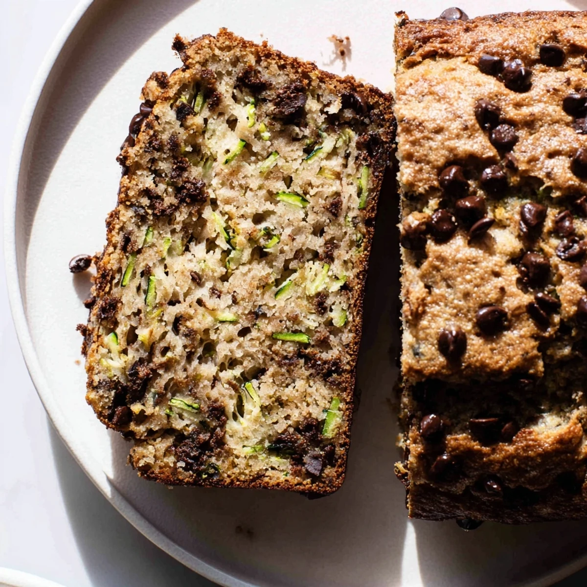 Golden-brown Chocolate Chip Zucchini Bread, with visible chocolate chips, a delicious treat to savor.