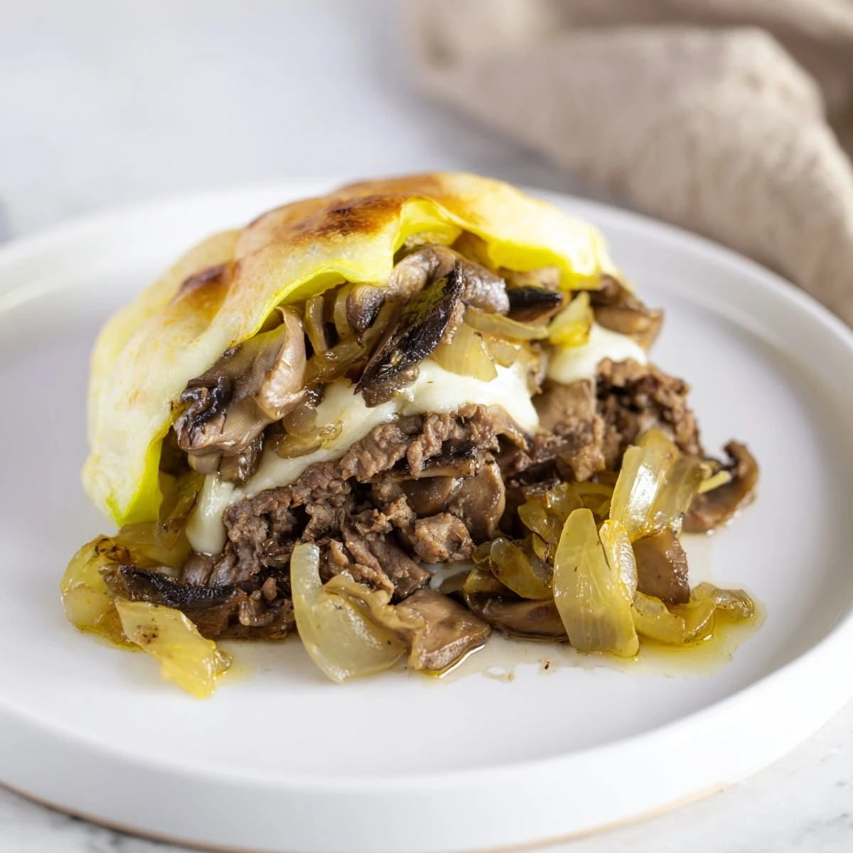 Melted provolone tops these delicious Beef Philly Cheesesteak Stuffed Peppers, a low-carb alternative recipe.