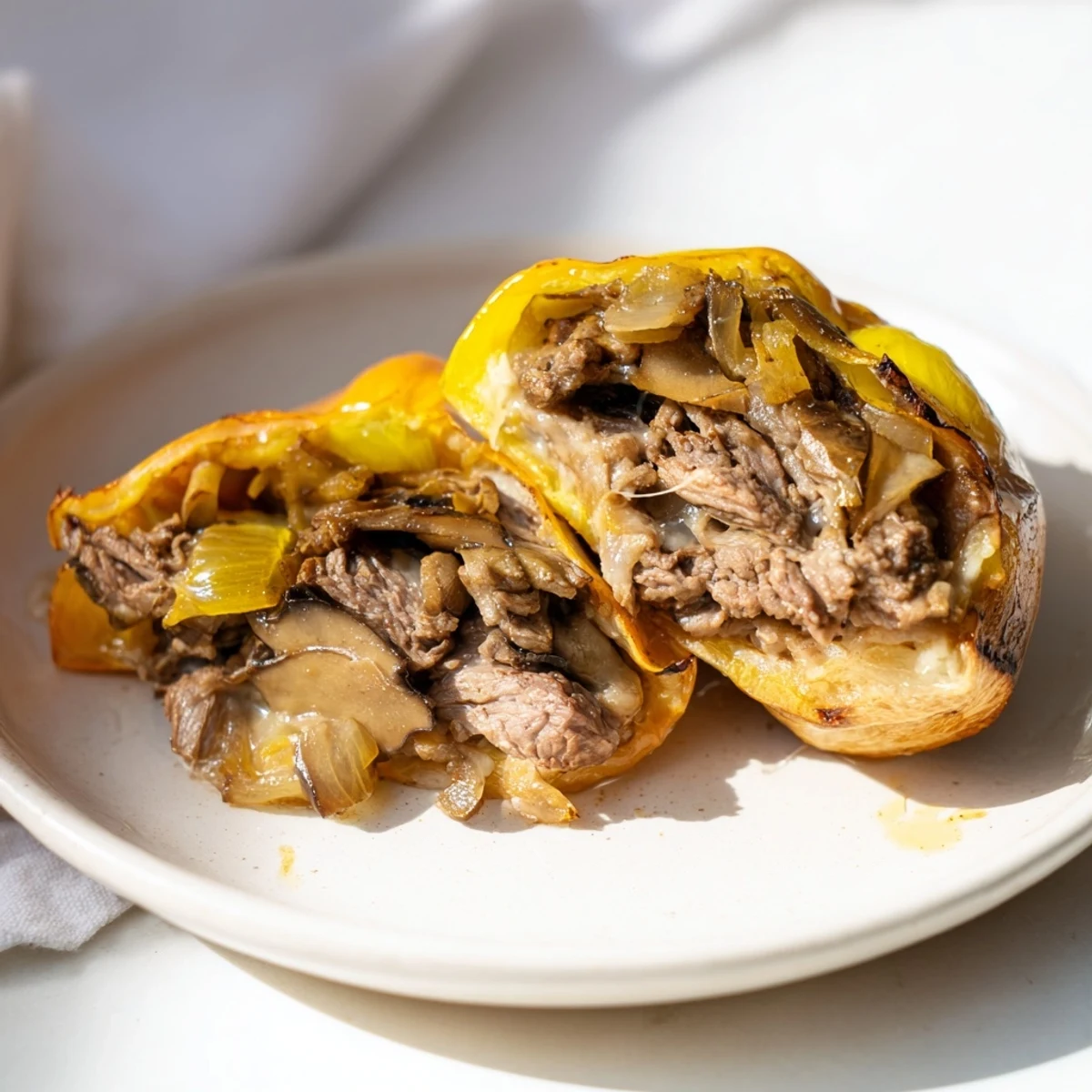 Imagine savory Beef Philly Cheesesteak Stuffed Peppers, bubbling with cheese and ready for a satisfying, hearty dinner.