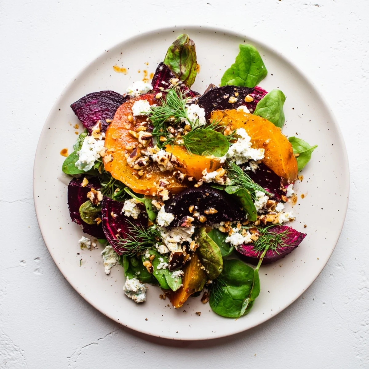 Vibrant Roasted Beet Salad with goat cheese, showcasing tender beets and toasted walnuts, delicious.