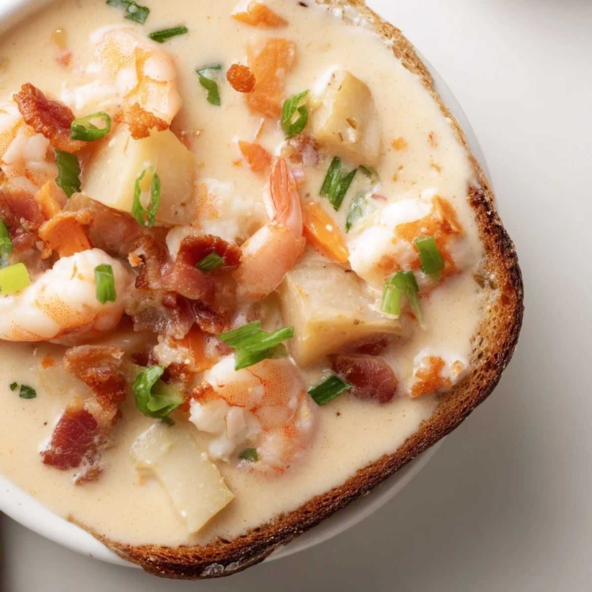 Golden-brown sourdough bowl overflowing with creamy New England Creamy Clam Chowder, a classic comfort meal.