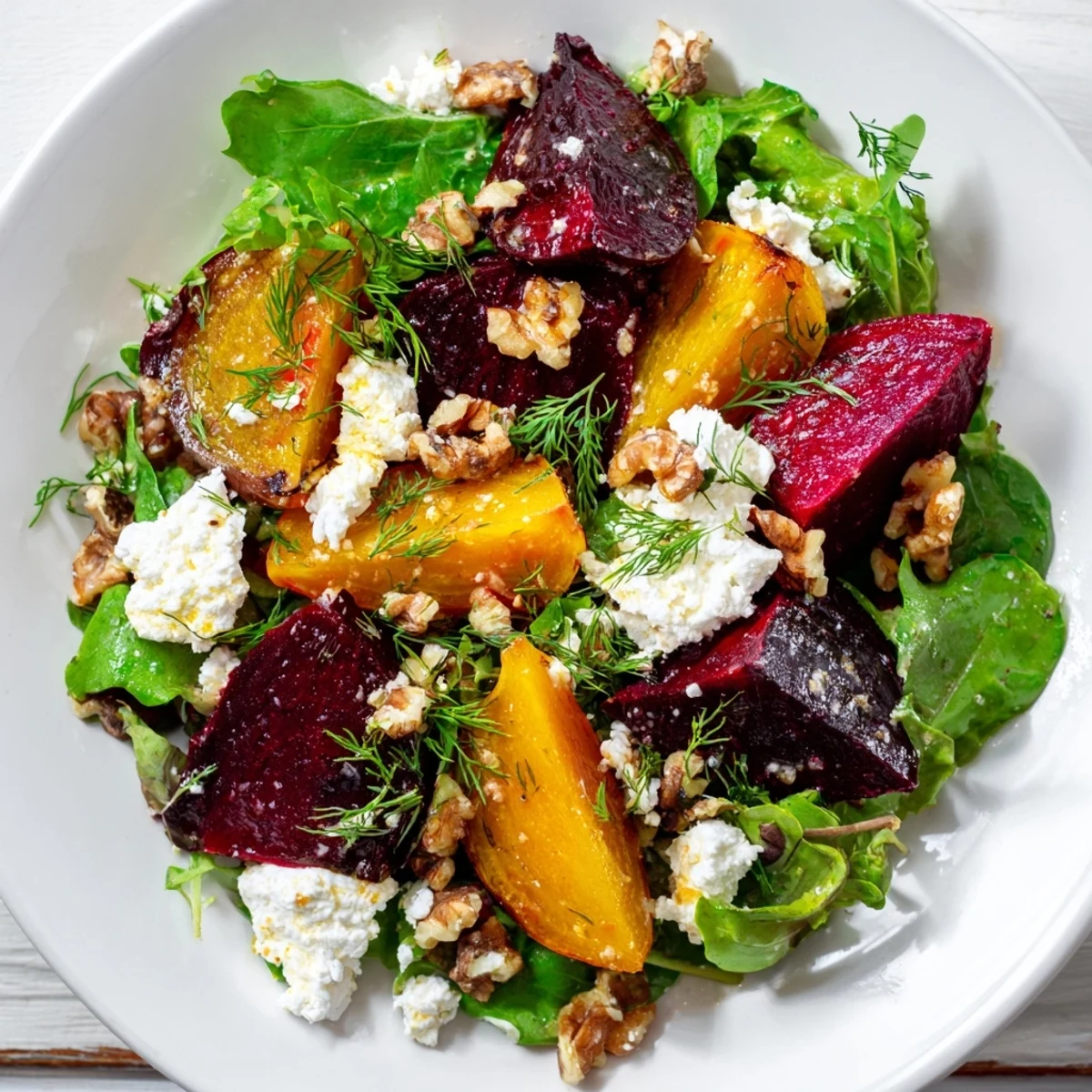 Sweet roasted beet salad with creamy goat cheese, invitingly plated, ready to enjoy.