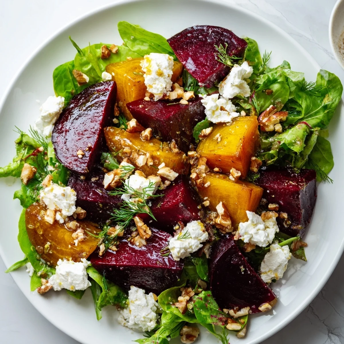 Vibrant Roasted Beet Salad with goat cheese, showcasing tender beets and toasted walnuts, delicious.