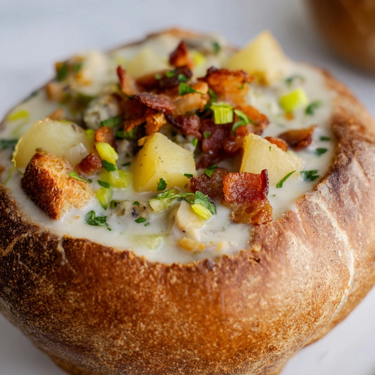 A steaming bowl of Creamy Clam Chowder in Sourdough Bowl, rich with clams and bacon, ready to be enjoyed.