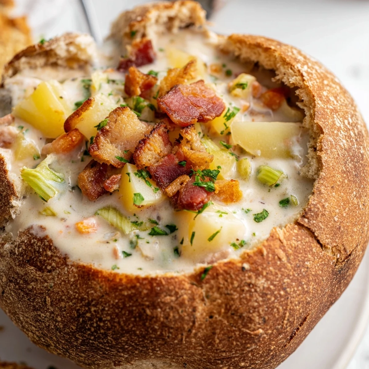 Golden-brown sourdough bowl overflowing with creamy New England Creamy Clam Chowder, a classic comfort meal.