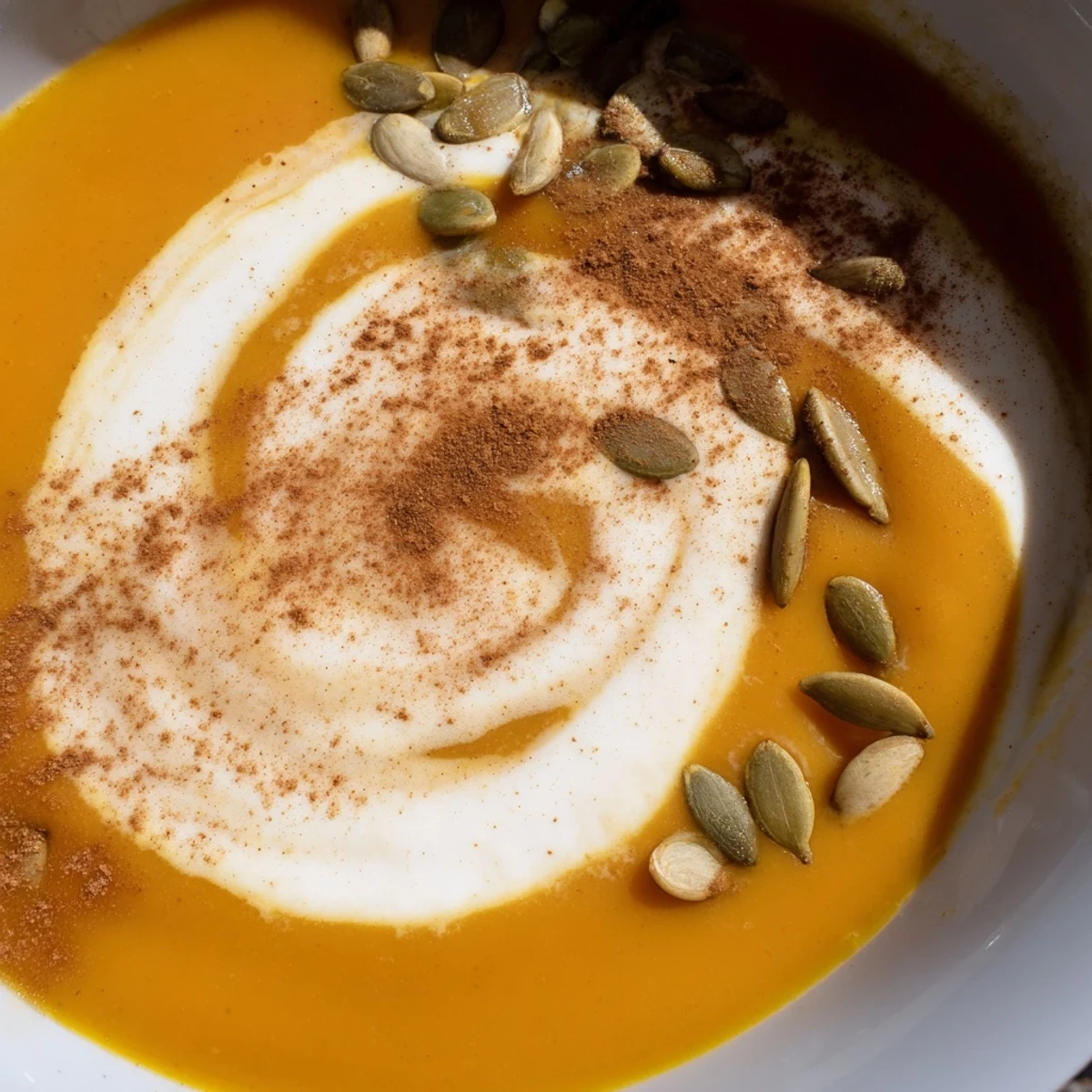 Creamy butternut squash soup with apple and ginger, swirled with heavy cream and served in a rustic white bowl.