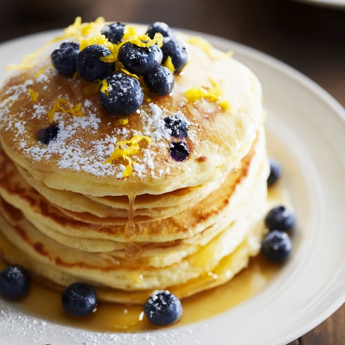 Golden-brown Lemon Blueberry Pancakes stacked high, glistening with warm maple syrup and scattered fresh blueberries on a white plate.