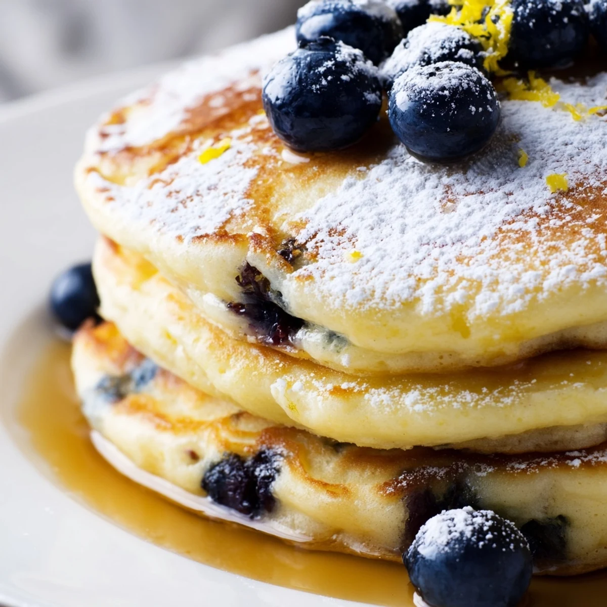 A close-up view of fluffy Lemon Blueberry Pancakes, revealing a tender crumb studded with berries and a bright lemon zest garnish.