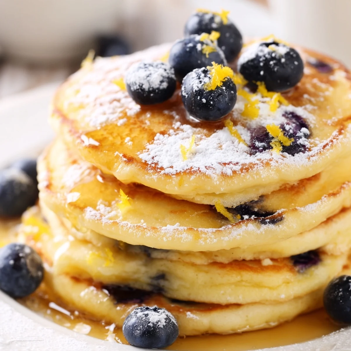 Freshly cooked Lemon Blueberry Pancakes drizzled with maple syrup, served alongside a steaming cup of coffee for a cozy breakfast.
