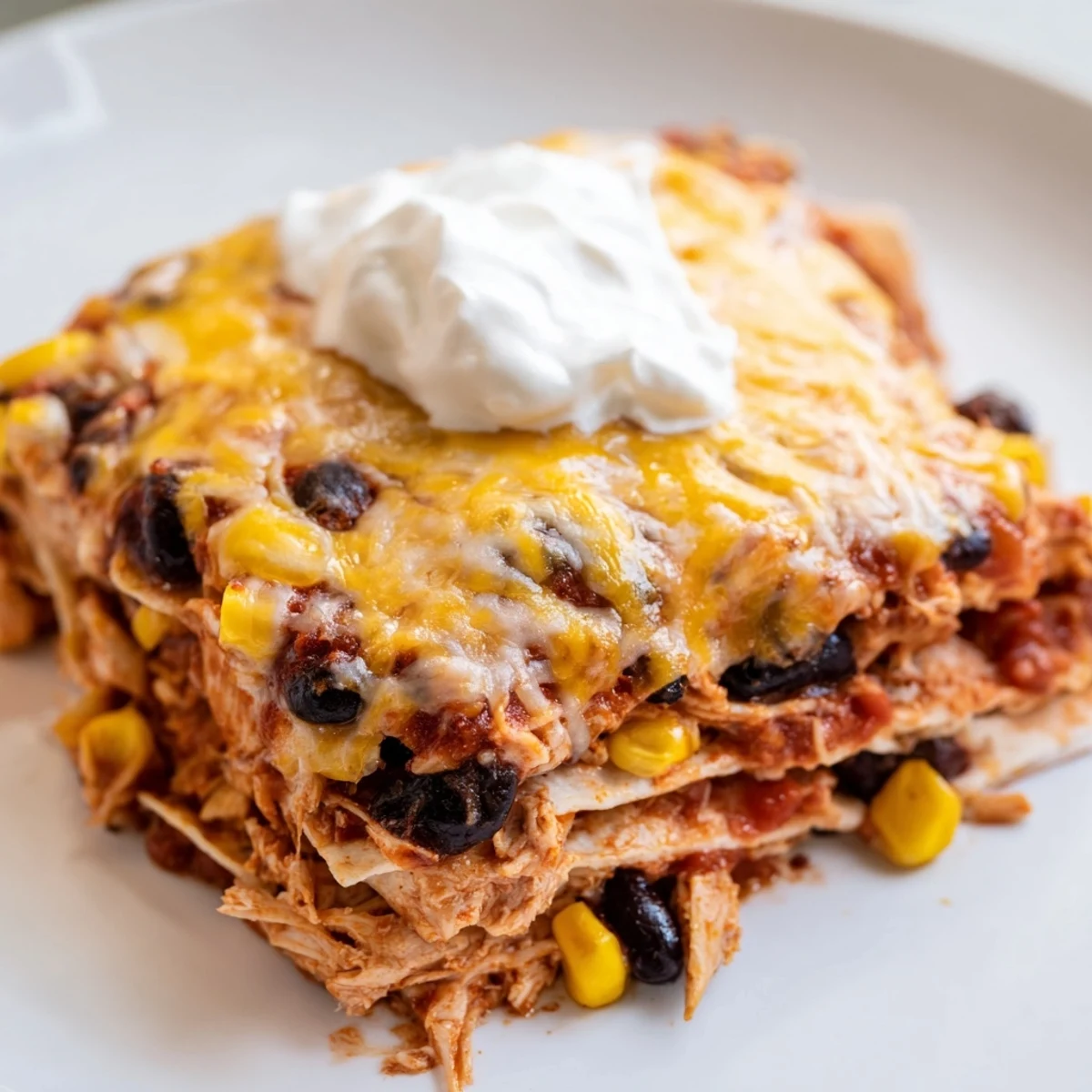 A baking dish of Chicken Enchilada Casserole with red sauce and melted cheese sits beside lime wedges.