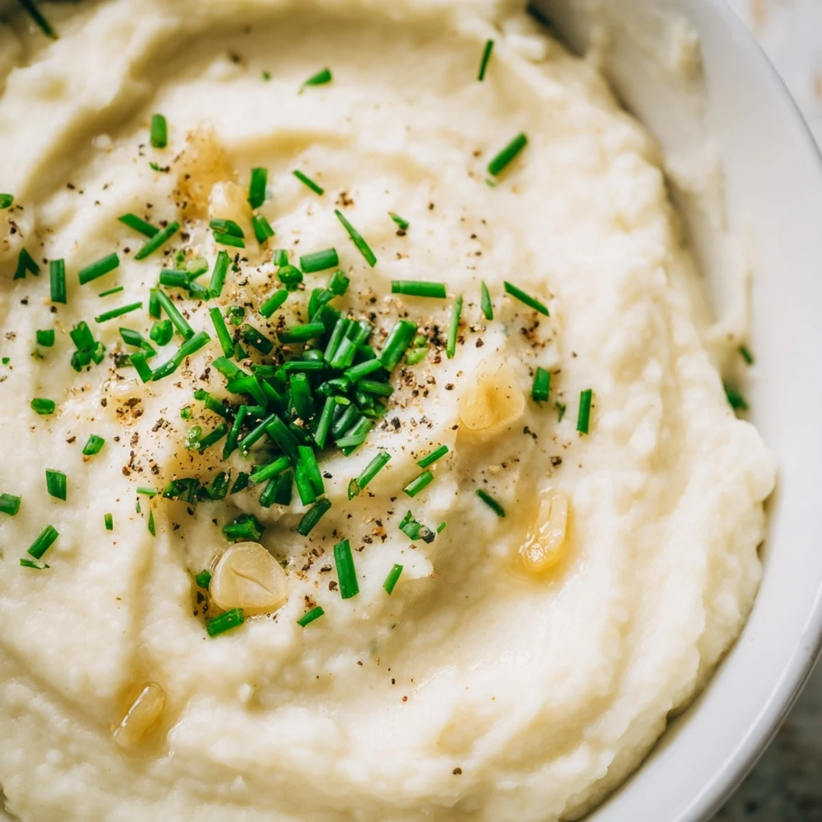 Creamy roasted garlic mashed cauliflower with chives served warm in a rustic bowl, topped with fresh herbs as a low-carb alternative to mashed potatoes.