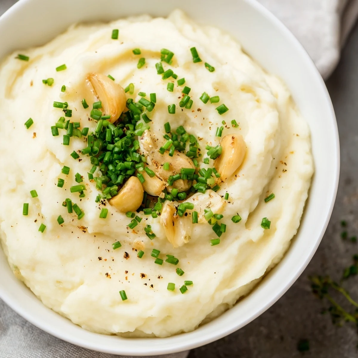 Homemade roasted garlic mashed cauliflower with chives garnished with fresh herbs, a light and flavorful side served alongside roasted chicken or grilled salmon.
