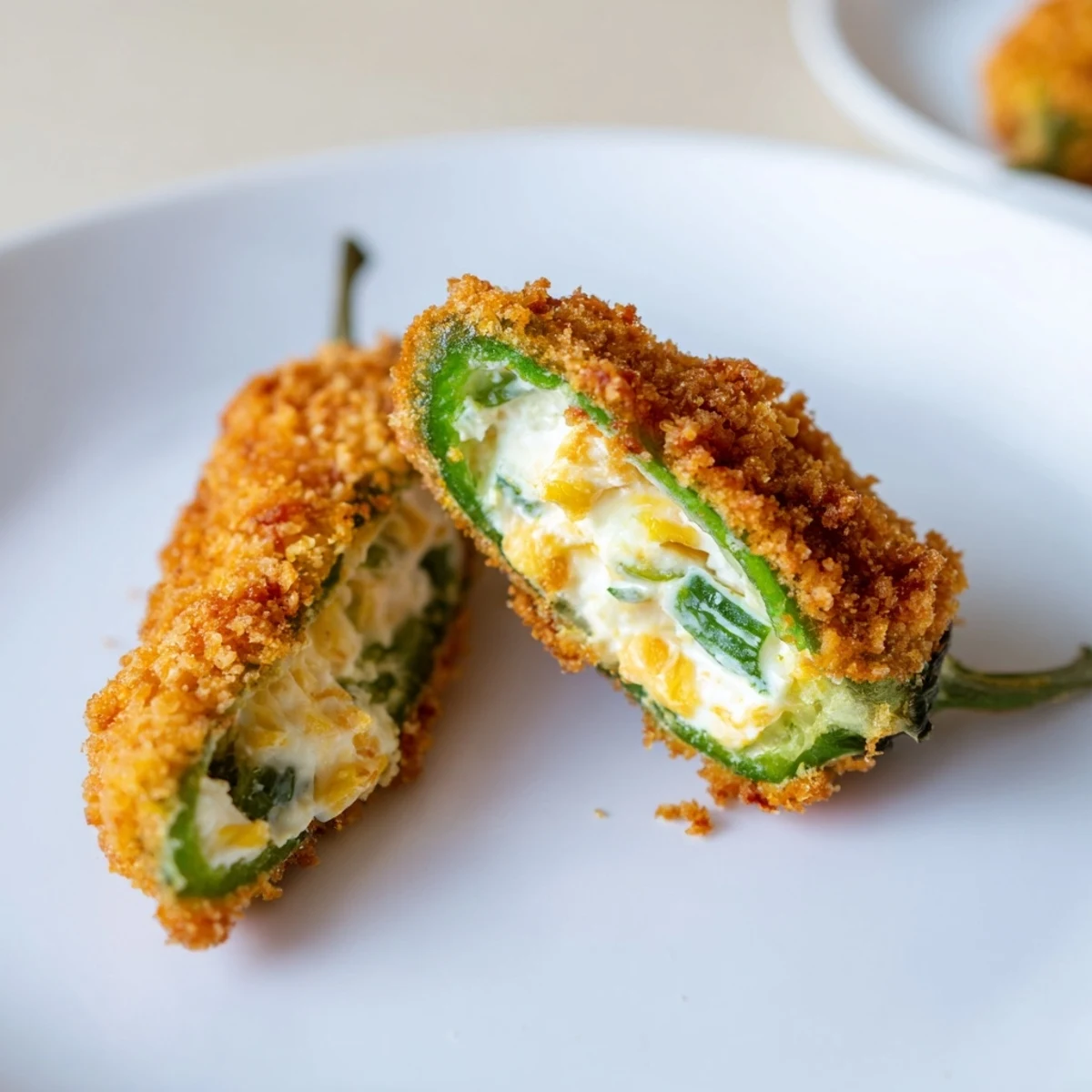 A close-up view of halved Spicy Jalapeno Poppers with Cream Cheese Filling reveals the melted, tangy cheese and smoky paprika.