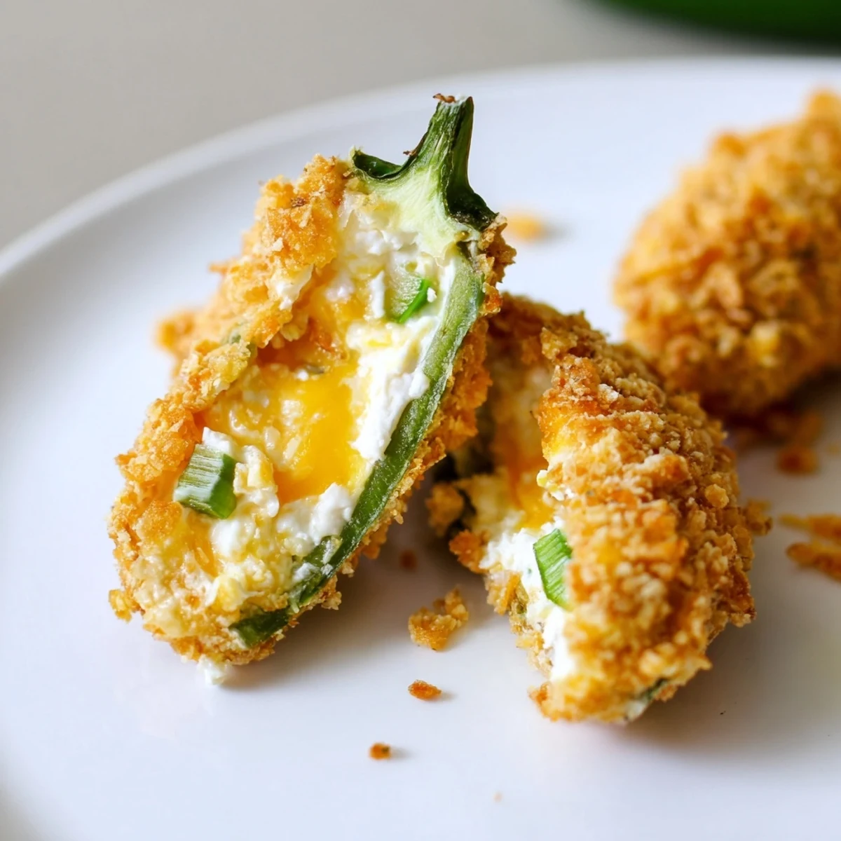 Freshly fried Spicy Jalapeno Poppers with Cream Cheese Filling sit on a paper towel, steam rising from the golden crusts.