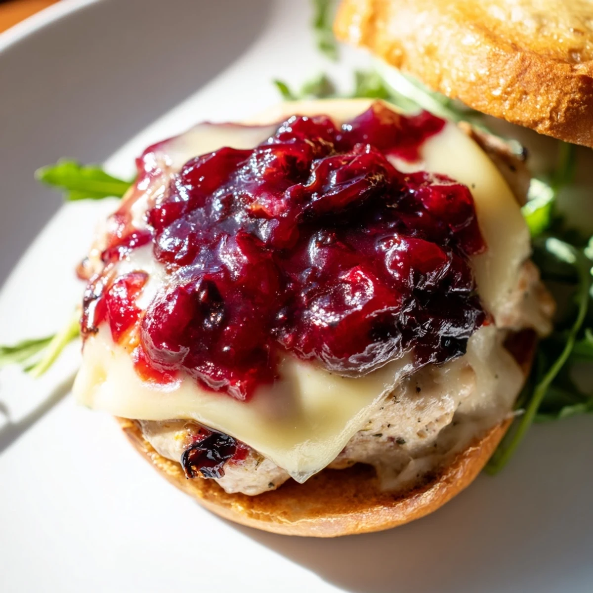 Juicy Turkey Burgers with Cranberry Sauce and Brie melt on toasted buns, garnished with fresh arugula on a rustic plate.