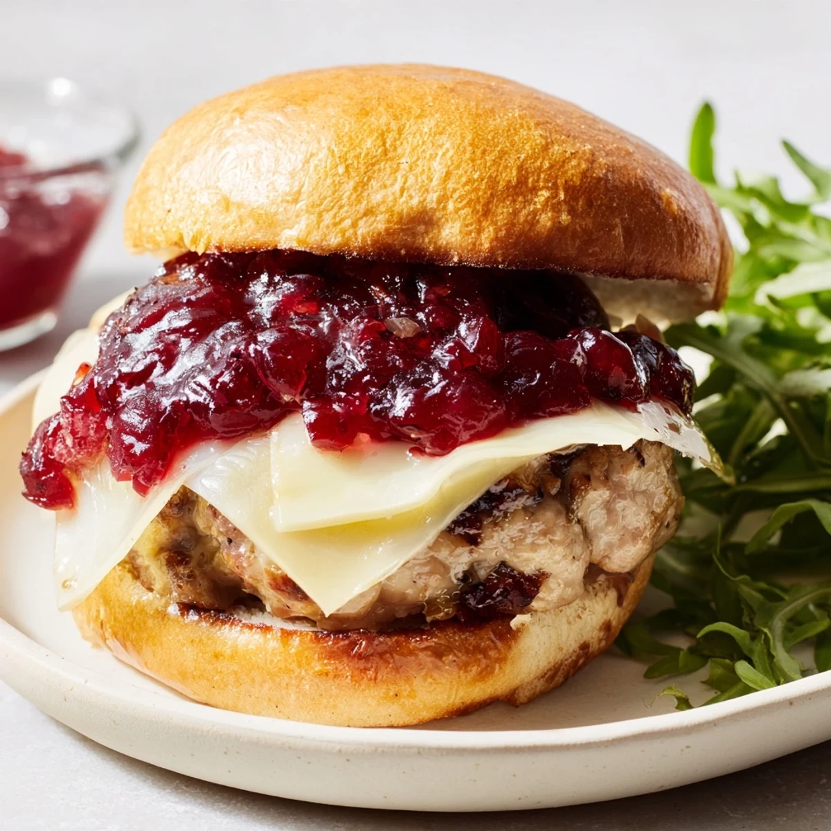 Turkey Burgers with Cranberry Sauce and Brie sit beside golden sweet potato fries with a drizzle of sauce.