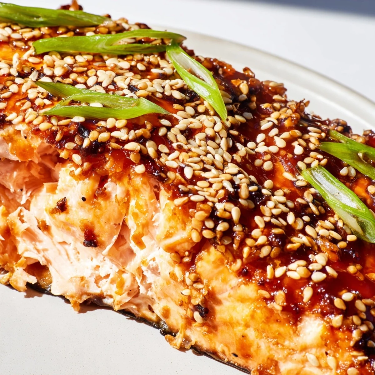 Golden-brown Baked Salmon with Teriyaki Glaze and Sesame sits on a baking sheet lined with parchment paper.