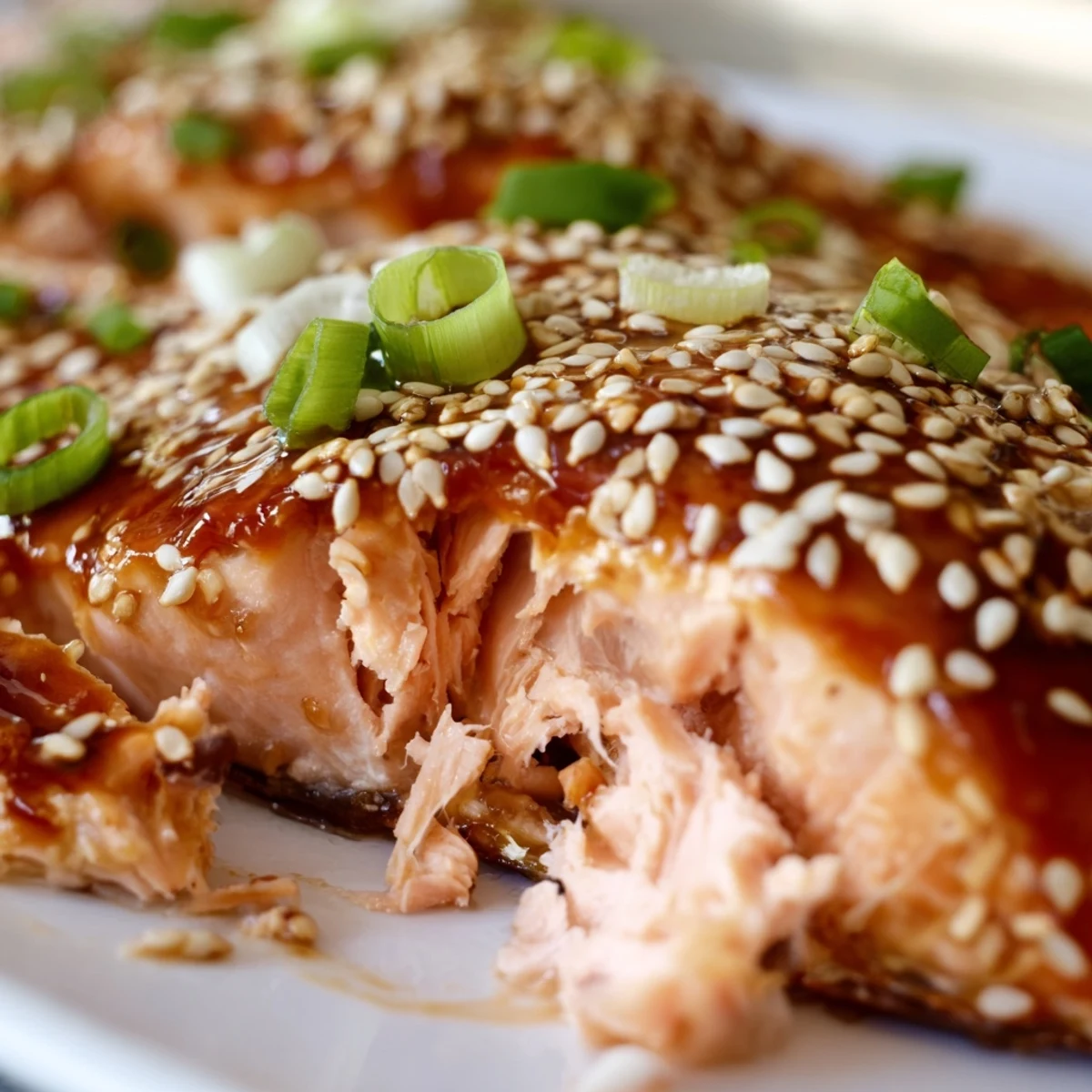 Freshly baked Baked Salmon with Teriyaki Glaze and Sesame garnished with green onions and sesame seeds.