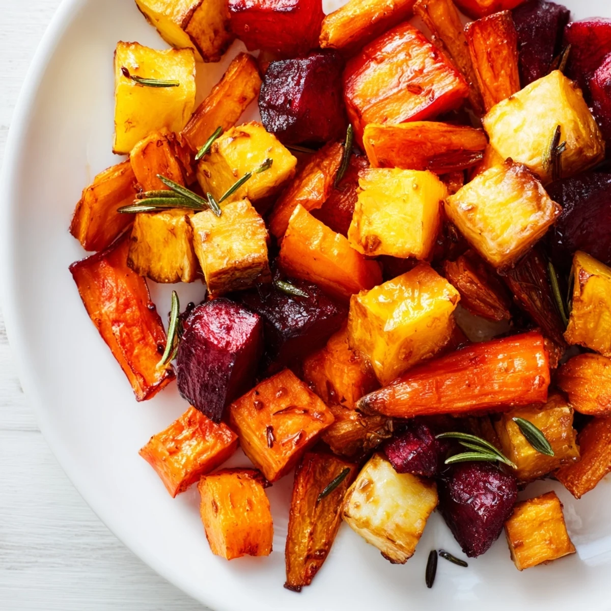 A close-up of Roasted Root Vegetables with Balsamic Glaze features caramelized sweet potato and parsnip pieces dripping with thick, glossy balsamic reduction.