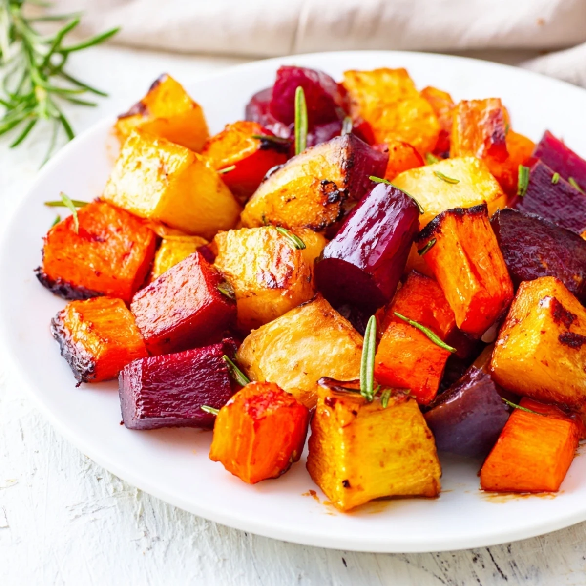 Golden-brown Roasted Root Vegetables with Balsamic Glaze glisten on a rustic platter, garnished with fresh thyme and rosemary sprigs for a savory side dish.