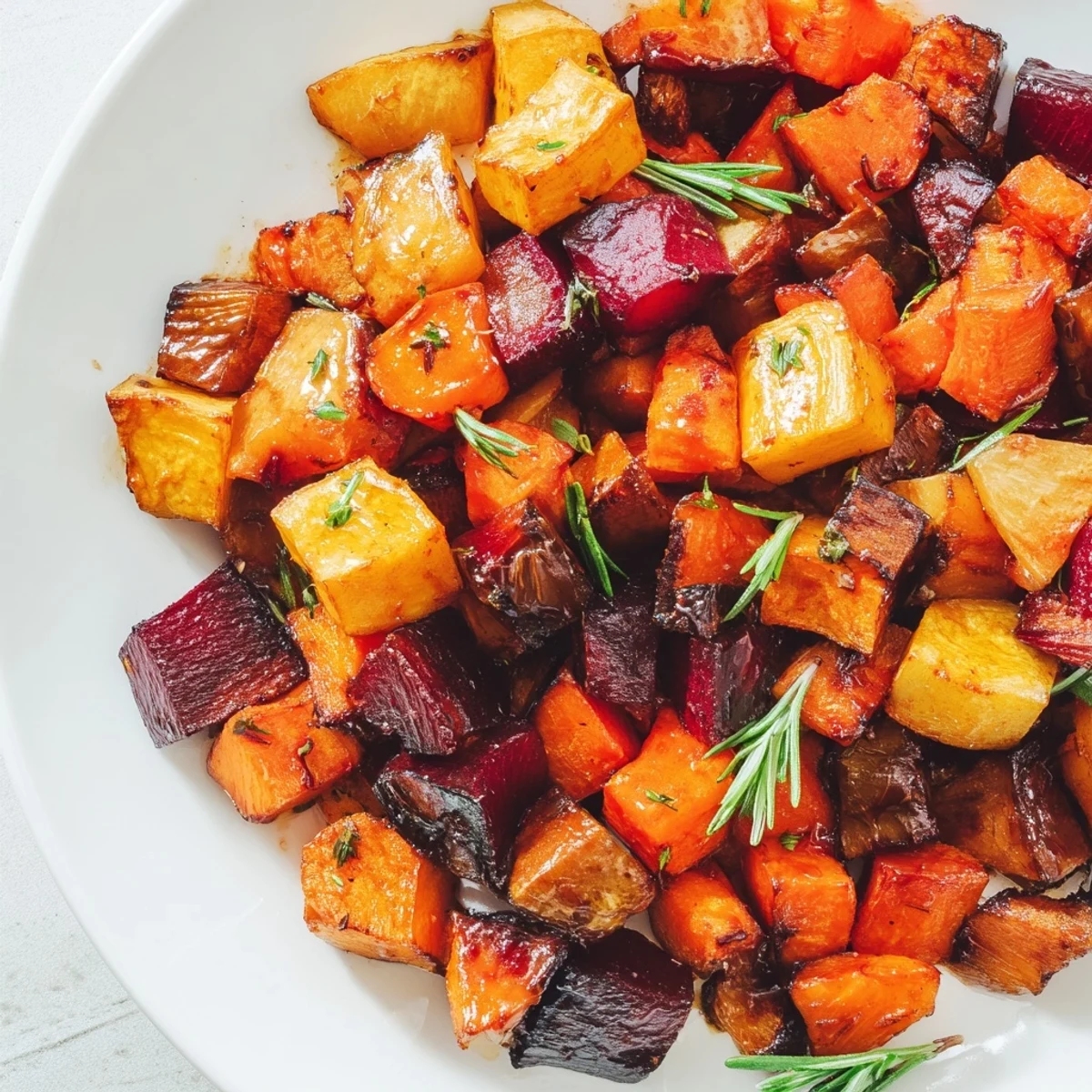 Roasted Root Vegetables with Balsamic Glaze served warm in a white ceramic bowl, ready to enjoy alongside roasted chicken or as a hearty vegetarian main.