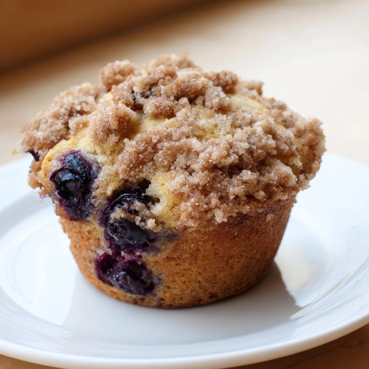 Freshly baked Lemon Blueberry Muffins with Streusel Crumb sit on a cooling rack, revealing golden edges and a juicy blueberry center. 
