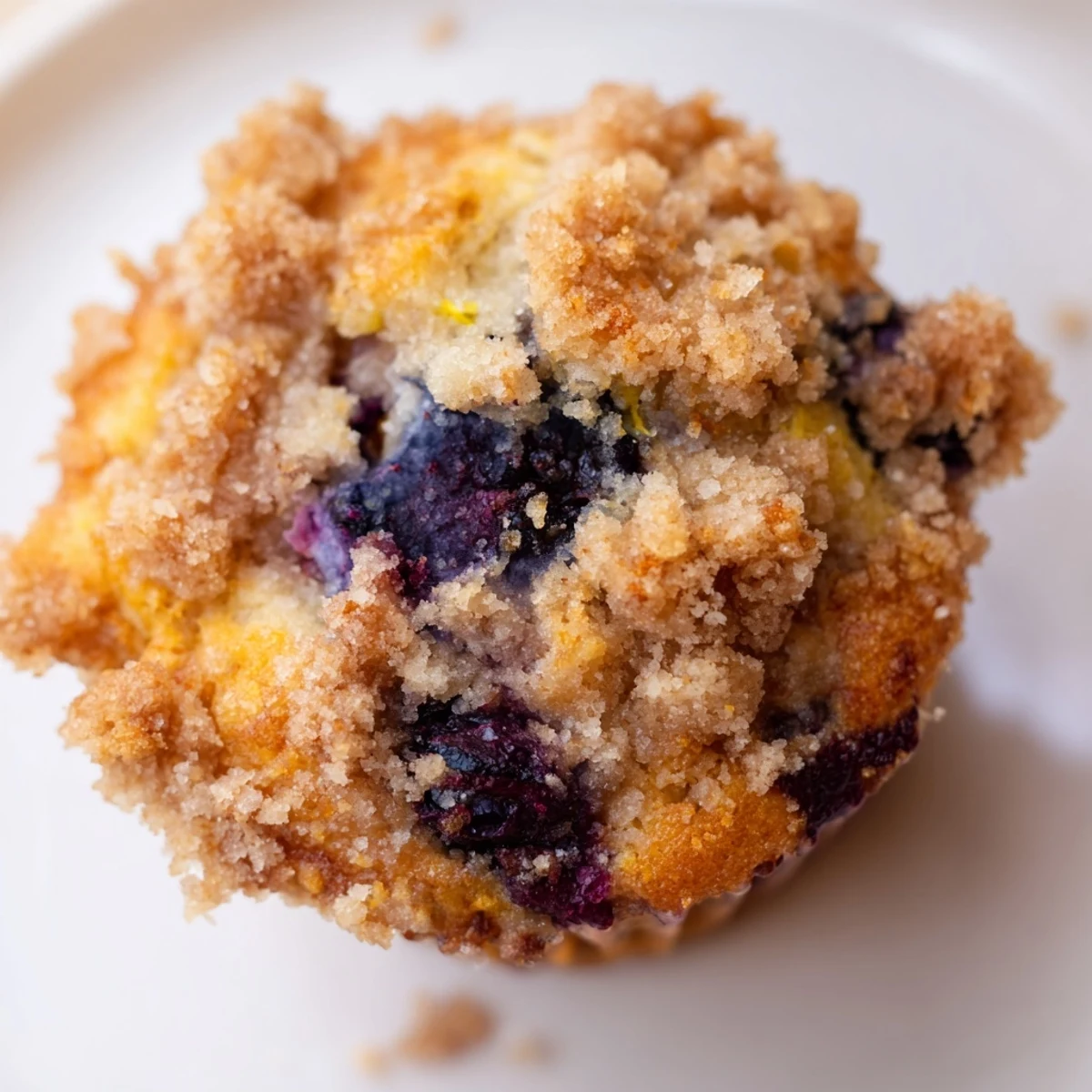 Golden Lemon Blueberry Muffins with Streusel Crumb are arranged on a white plate, featuring a buttery crumb topping and zesty lemon glaze. 