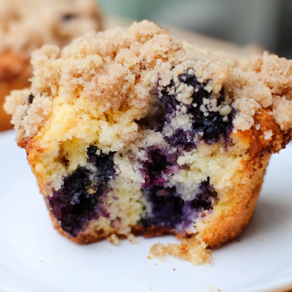 A close-up of a warm Lemon Blueberry Muffin with Streusel Crumb, torn open to show fluffy texture and abundant fresh blueberries inside.