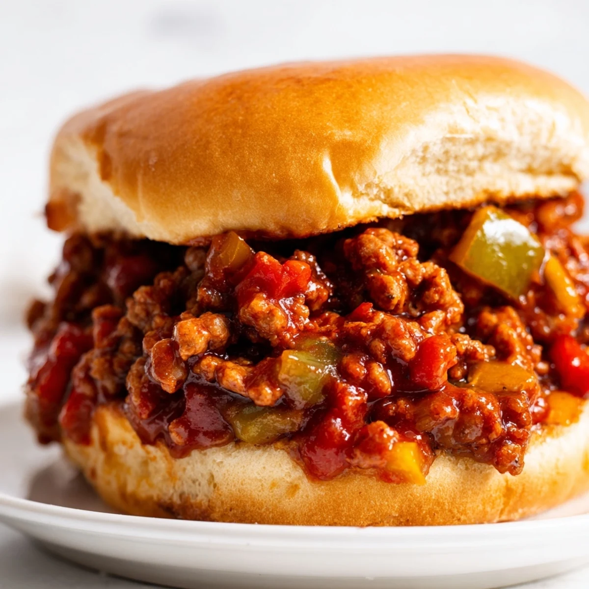 Freshly prepared Beef Sloppy Joes with savory ground beef and tangy sauce piled high on a buttery toasted bun. 