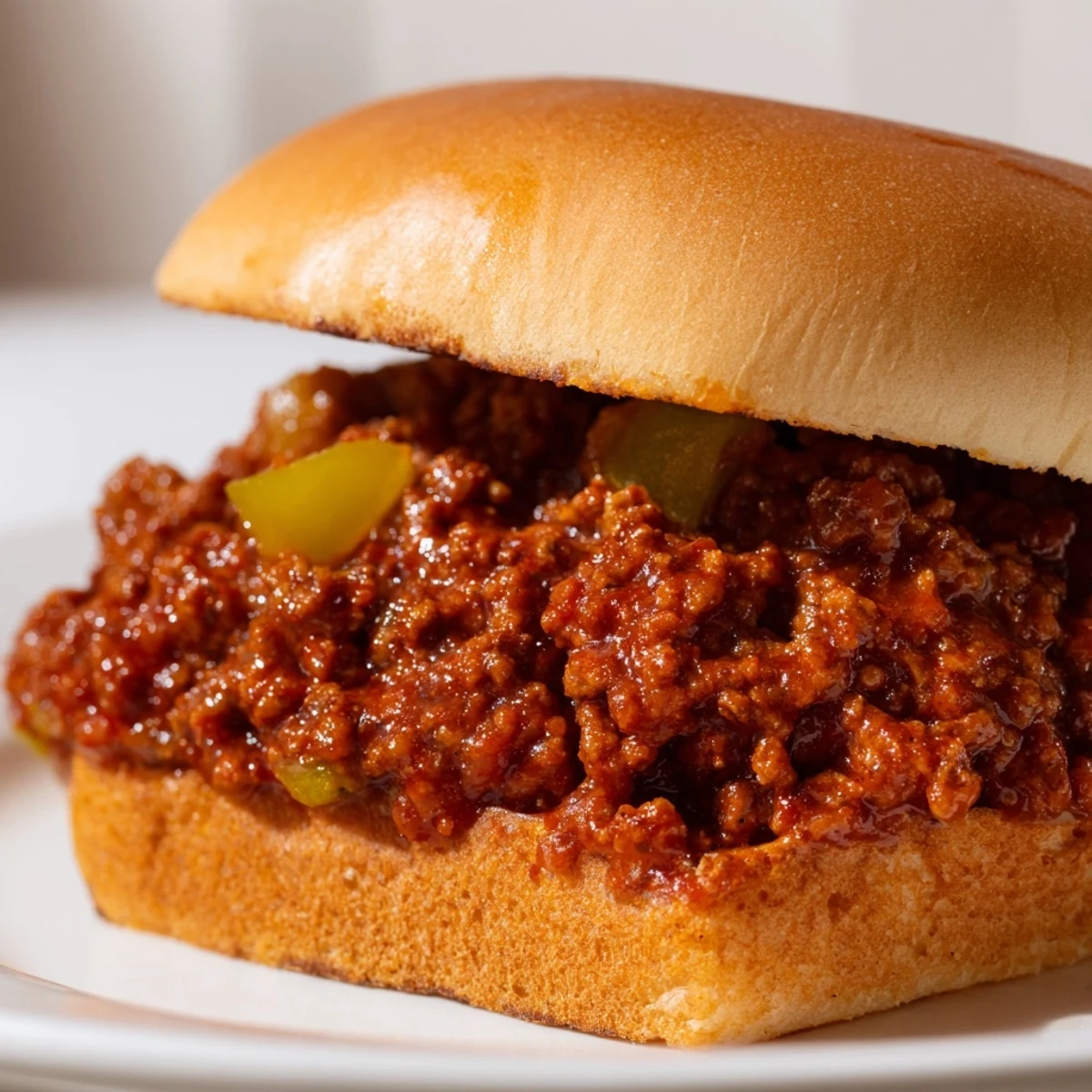 Two golden toasted hamburger buns filled with messy, saucy Beef Sloppy Joes, ready to be served for dinner. 