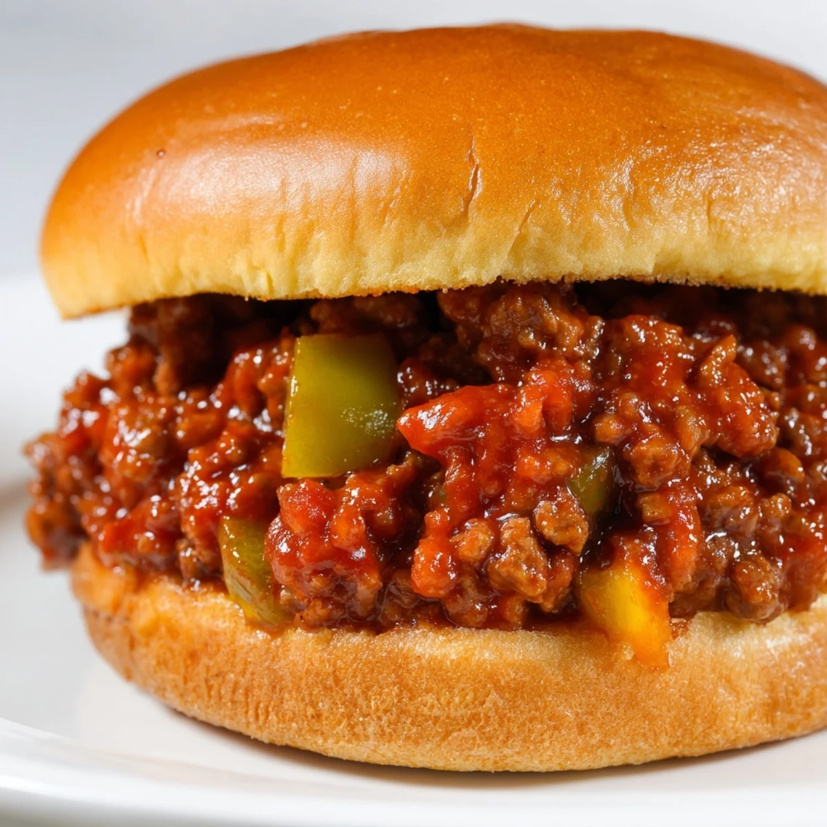 Classic homemade Beef Sloppy Joes in a skillet with soft buns, pickles, and chips on a rustic table.