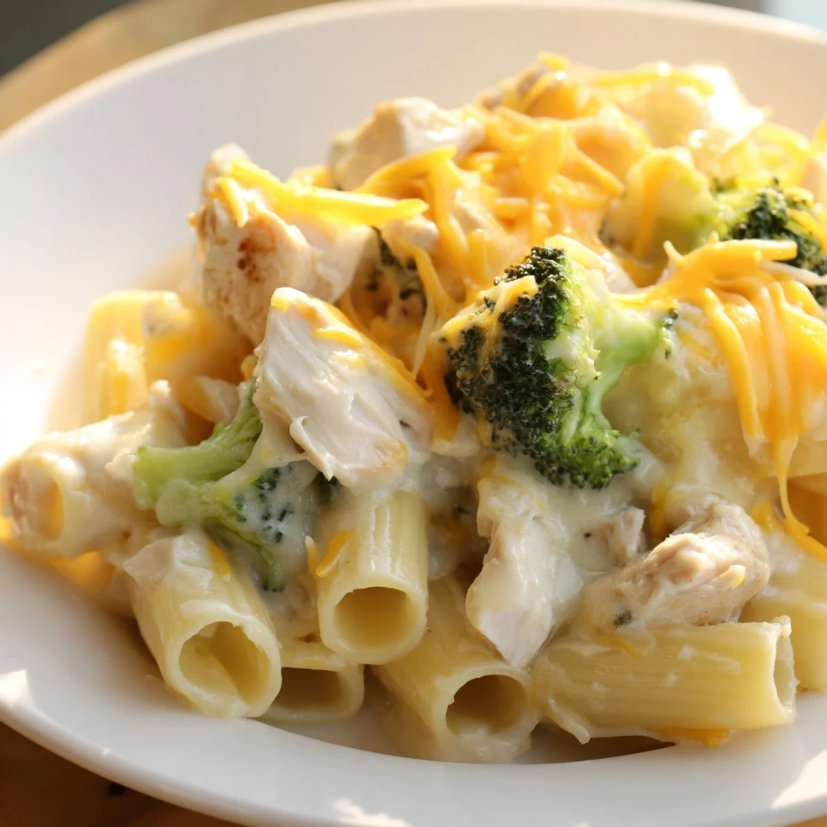 Freshly baked Chicken Alfredo Bake with Broccoli and Cheese in a casserole dish, featuring bubbling golden mozzarella and tender pasta.