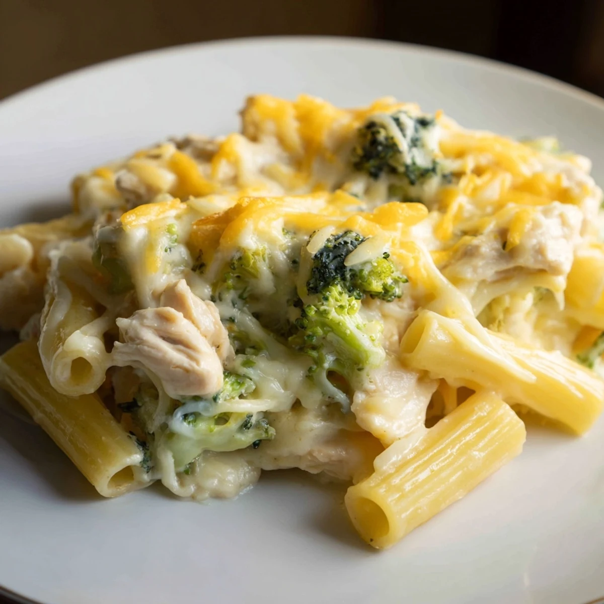 Close-up of Chicken Alfredo Bake with Broccoli and Cheese, revealing creamy Alfredo sauce, diced chicken, and green broccoli florets.