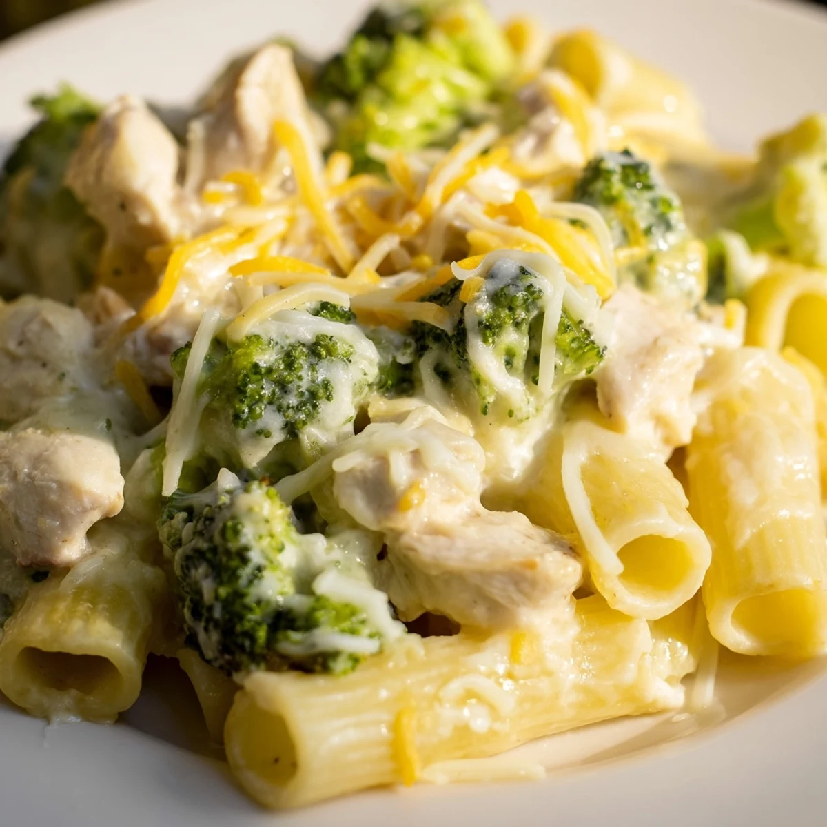 Golden-brown Chicken Alfredo Bake with Broccoli and Cheese served on a white plate, garnished with fresh parsley and a side salad.