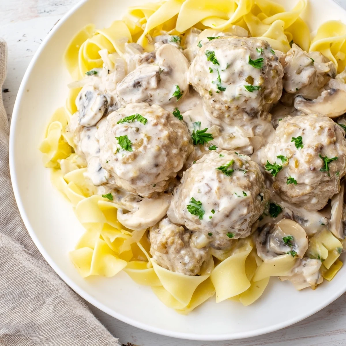 Golden-brown turkey meatballs in creamy mushroom Stroganoff sauce over buttered egg noodles, garnished with fresh parsley.