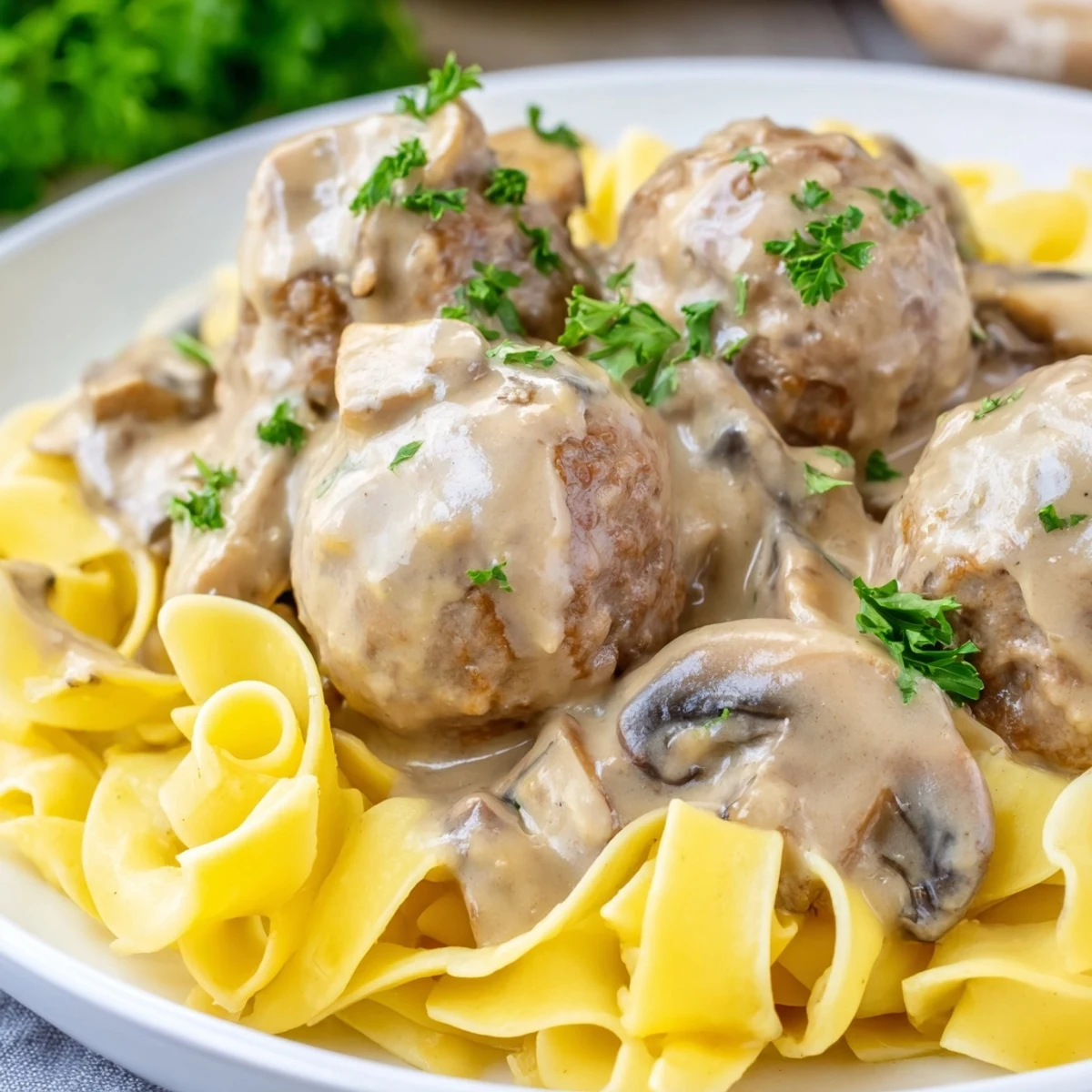 Homemade Turkey Meatball Stroganoff over Egg Noodles, a comforting weeknight dinner served steaming hot from a skillet.