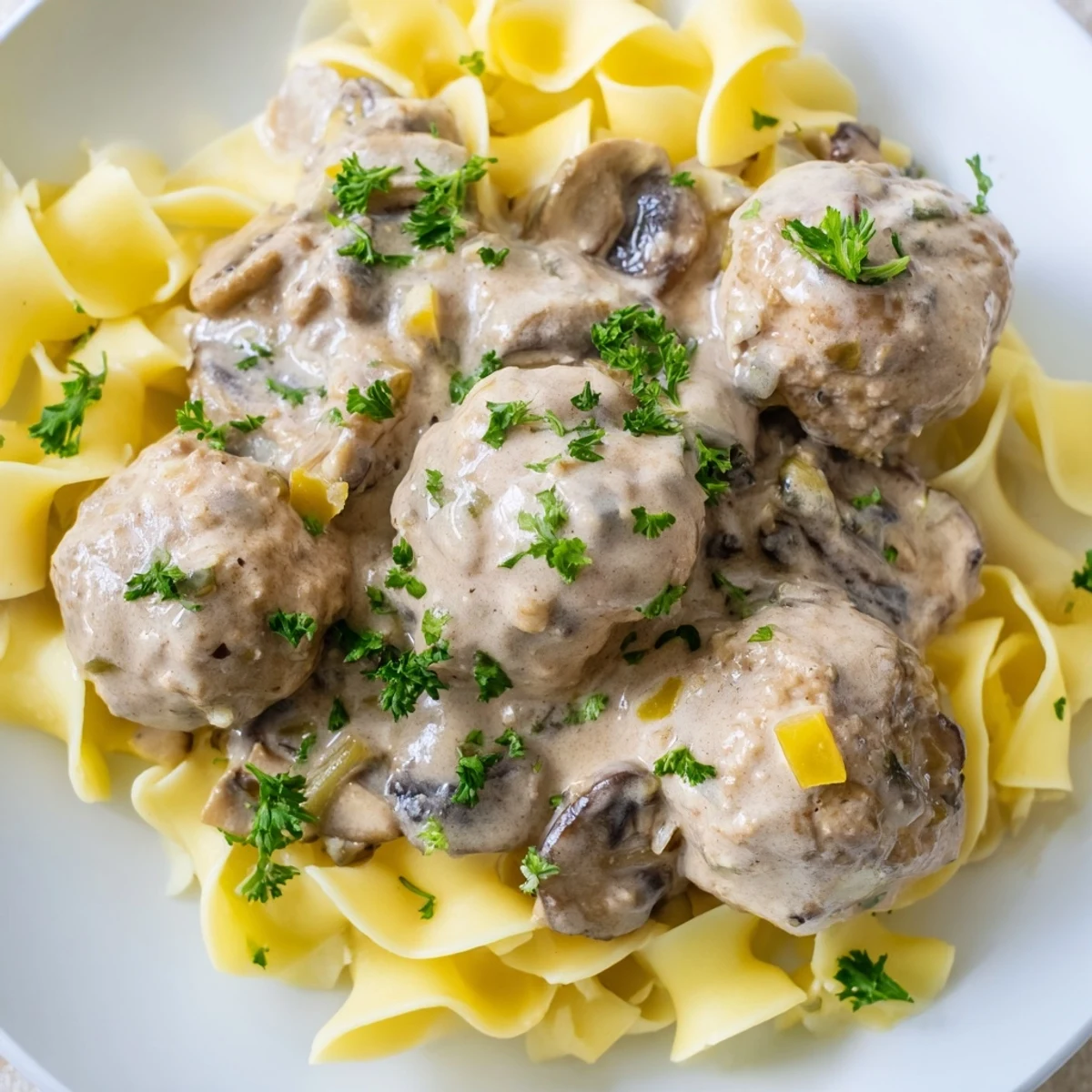 Savory Turkey Meatball Stroganoff over Egg Noodles, plated and garnished with parsley, ideal for a family dinner.