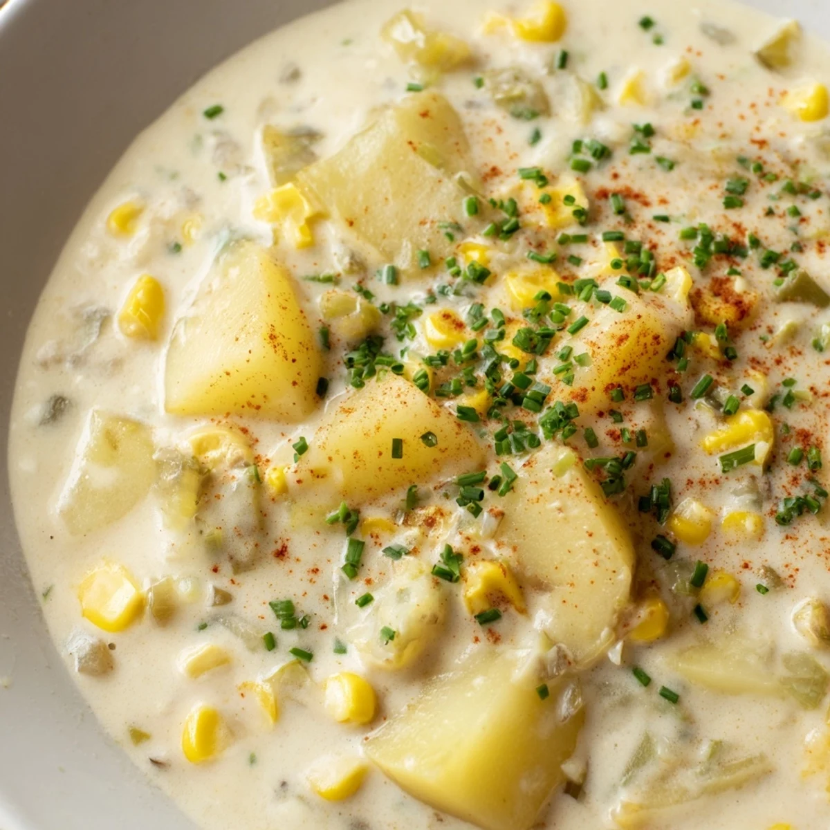 Steaming bowl of Creamy Corn and Potato Chowder with Herbs, featuring tender potatoes and sweet corn kernels in a rich broth.