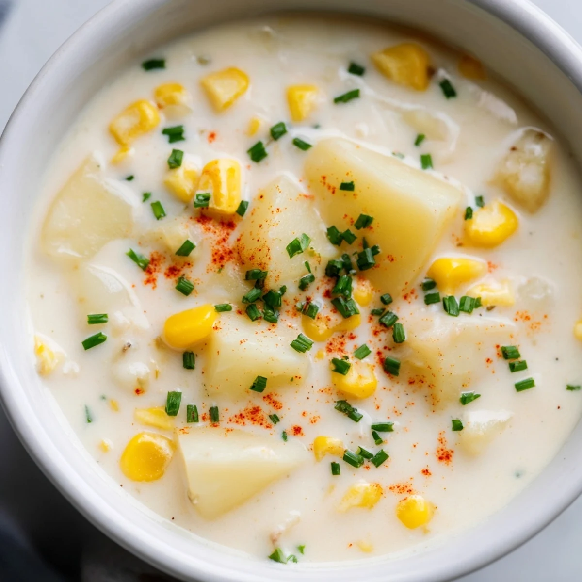 Creamy Corn and Potato Chowder with Herbs in a rustic bowl, garnished with fresh chives and a dusting of paprika.